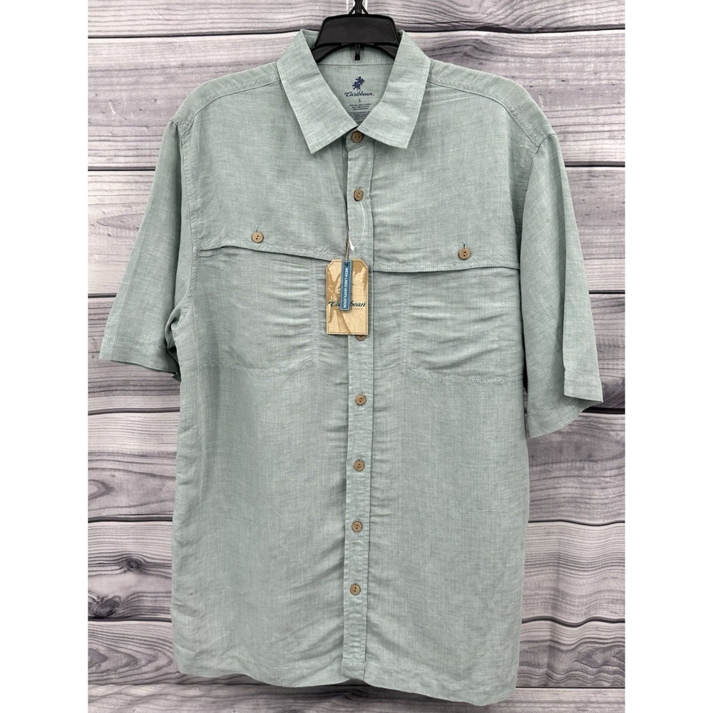 CARIBBEAN LINEN BLEND BUTTON FRONT VENTED FISHING SHIRT Men's Size Large GREEN